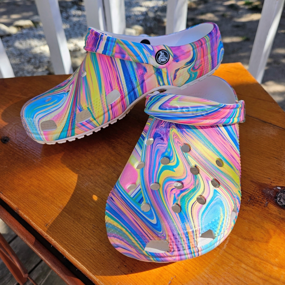 CROCS Multicolor Swirl Classic Clog - Pink, Blue, Yellow, Green, Purple